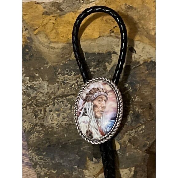 Western Southwest Lariat Indian Bolo Tie necklace men women CHIEF HEADDRESS SUN - Picture 3 of 6